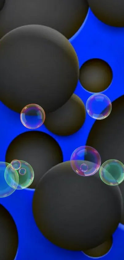 3D black spheres on a vivid blue background, abstract mobile wallpaper.