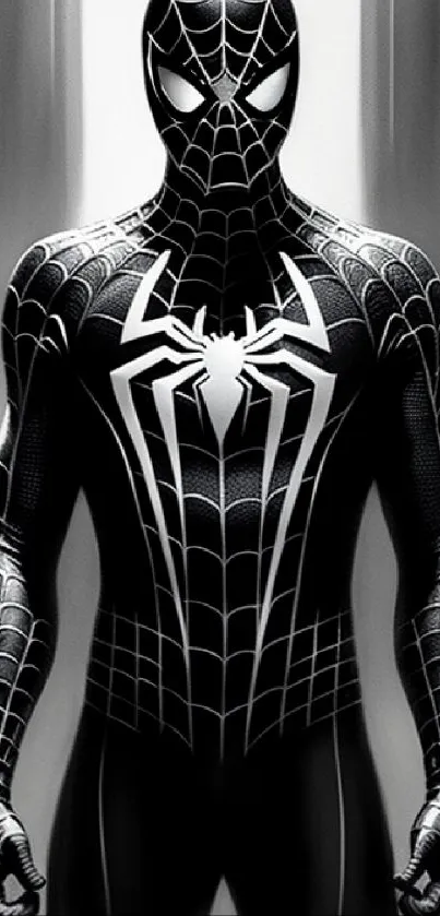 Black Spider Hero in detailed suit, striking monochrome wallpaper.