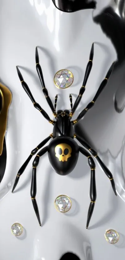 Stylish black spider on metallic surface wallpaper with skull design.