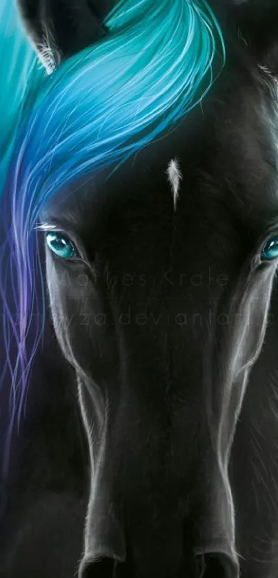 Black stallion with turquoise and purple mane mobile wallpaper.