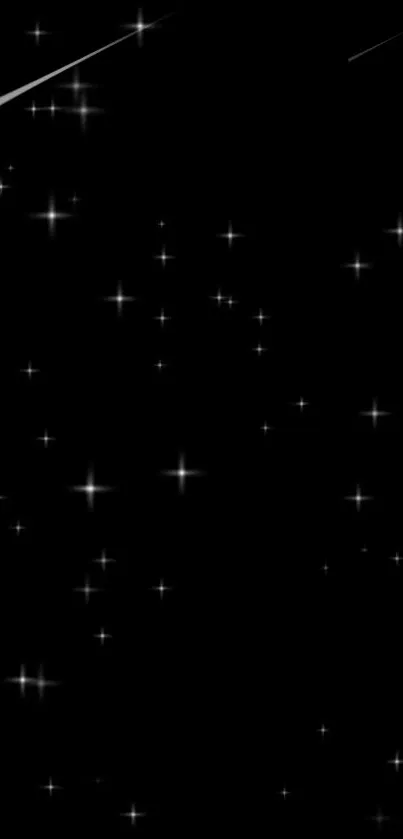 Black background with twinkling stars and shooting stars in night sky mobile wallpaper.