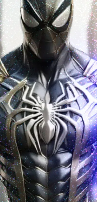 Superhero in black suit with spider logo and vivid effects.