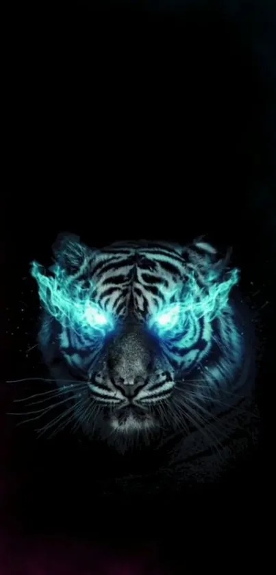 Black tiger with neon blue glowing eyes on dark background.