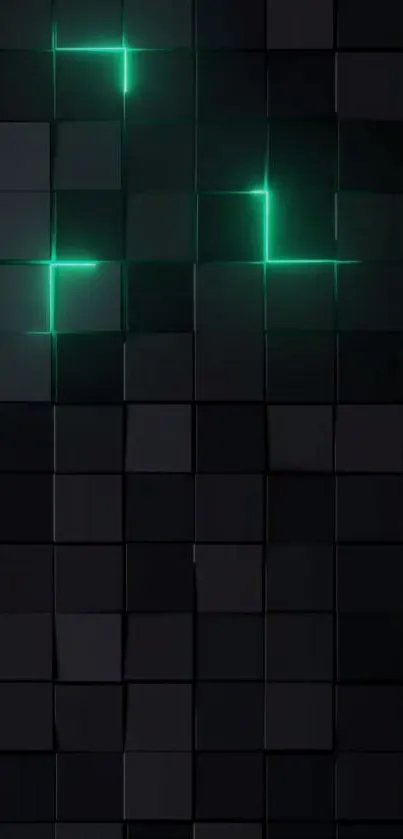 Black 3D tiles with neon green light accents for phone wallpaper.