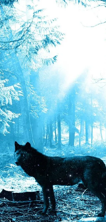 Black wolf stands in a mystical blue forest with sun rays filtering through trees.