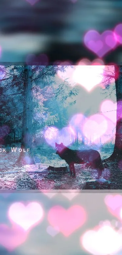 Mystical black wolf in a dreamy forest with purple heart accents.