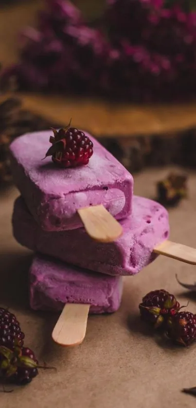 Purple blackberry ice cream bars with rich, fruity garnish.