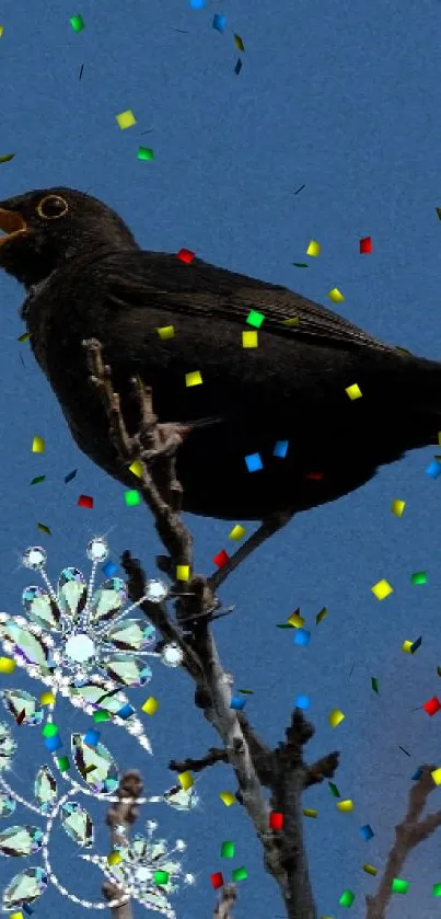 Blackbird on tree branches with a blue sky background.