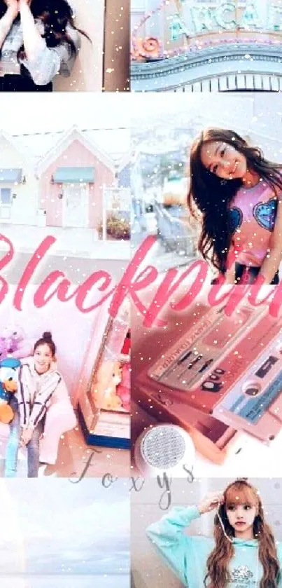 Blackpink collage wallpaper with pastel design and K-pop theme.