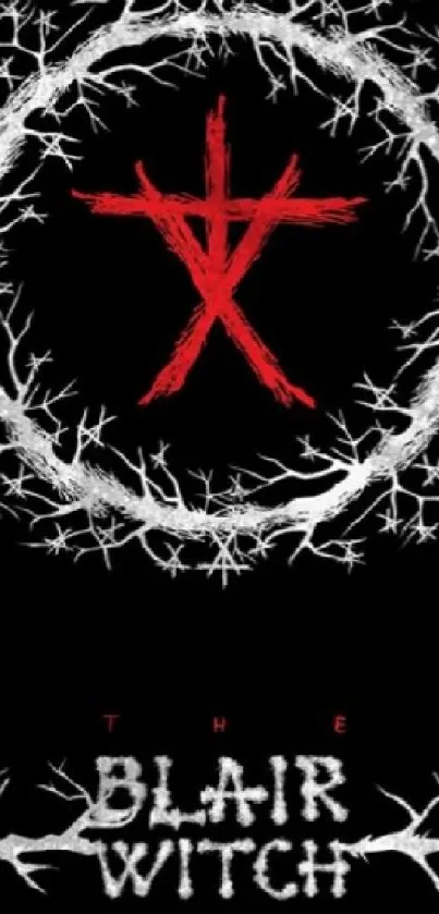 Dark wallpaper with Blair Witch symbol and eerie vibes.