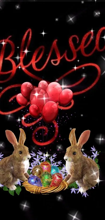 Blessed wallpaper with rabbits, eggs, and red balloons on a black background.