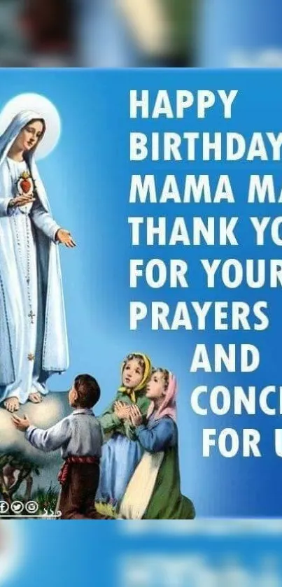 Virgin Mary with children on blue background, celebrating her birthday.