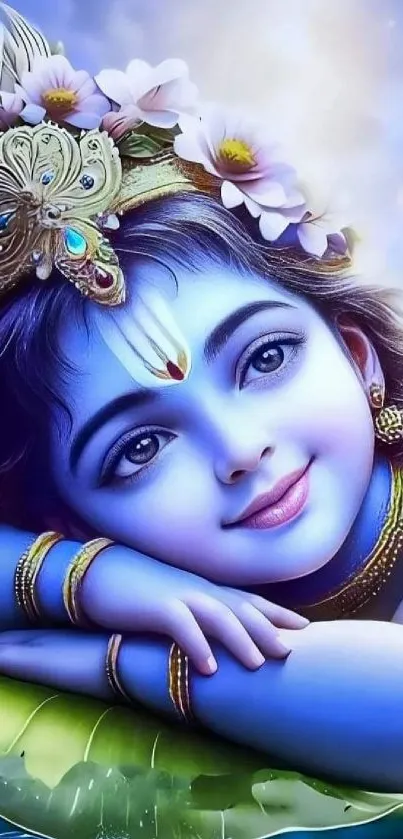 Divine blue deity surrounded by flowers, showcasing serene beauty.