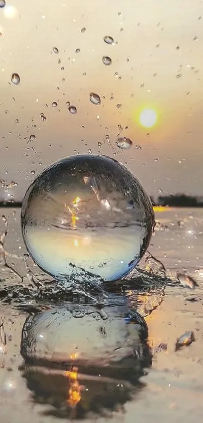 Crystal sphere reflecting a sunset over water, capturing tranquility and art.