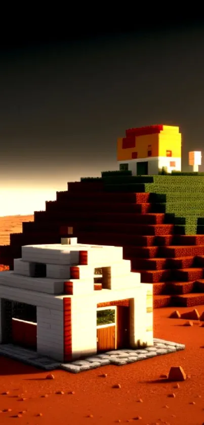 3D pixel art desert landscape with blocky houses.