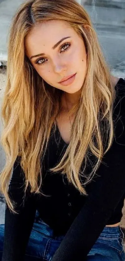 Blond woman seated in casual attire against a rustic background.