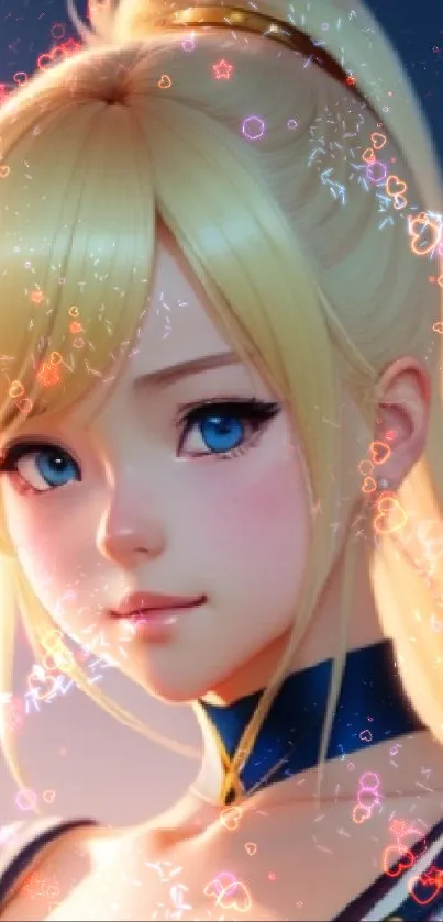 Blonde anime character with blue eyes and serene sky background.