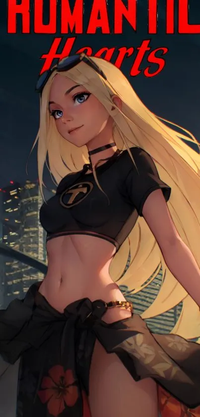 Anime girl with blonde hair in cityscape wallpaper.