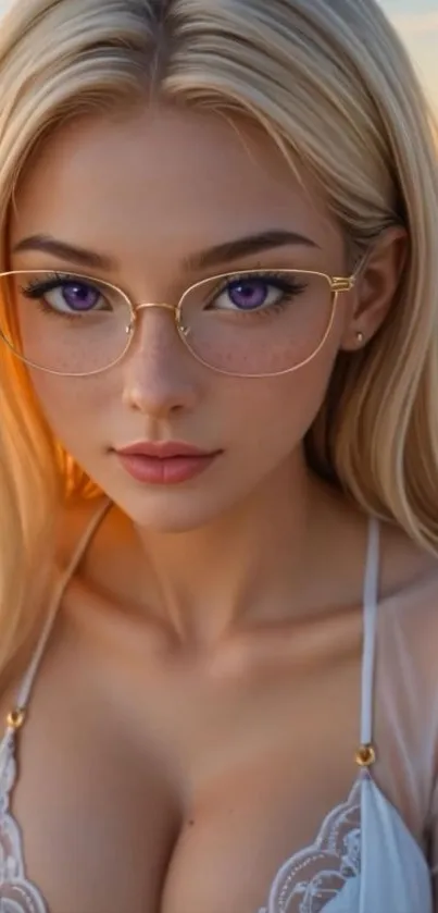 Anime character with blonde hair and glasses in a serene setting.