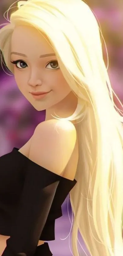 Animated blonde character with long hair, in elegant art style.