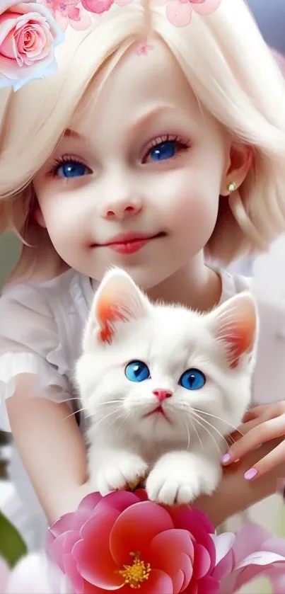 Blonde girl with a white kitten amidst pink blooming flowers.
