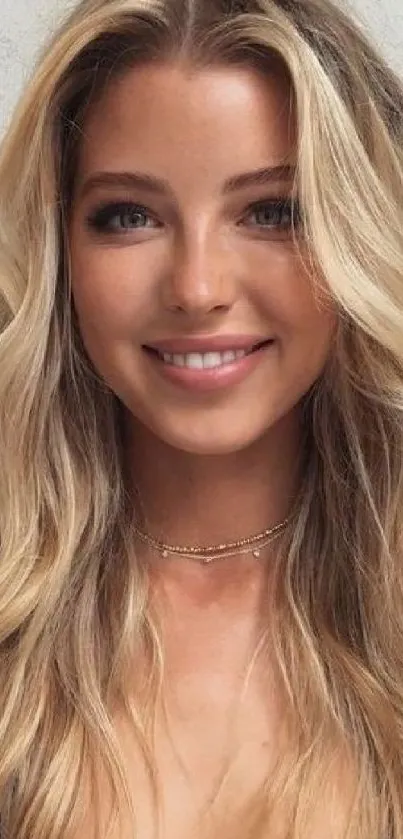 Portrait wallpaper of a smiling woman with blonde wavy hair against a white background.