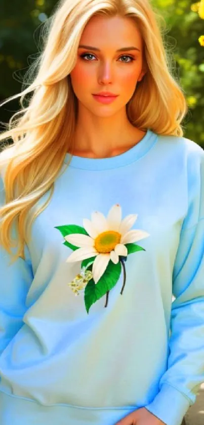 Blonde woman in light blue sweater with floral design outdoors.