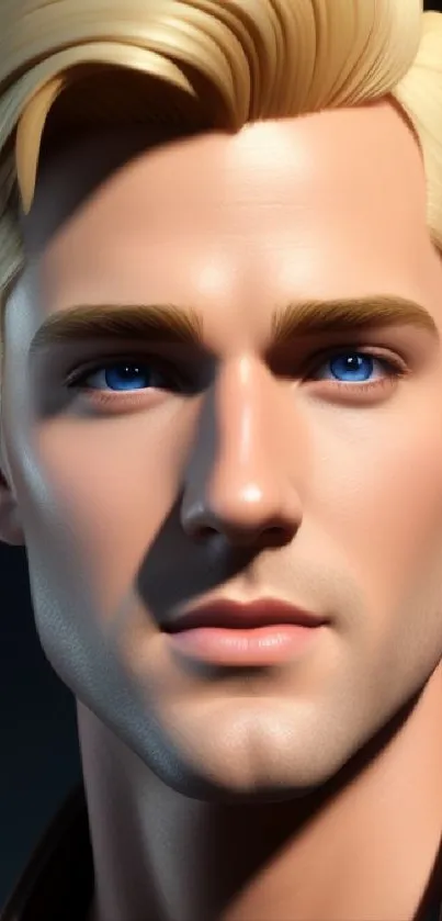 Realistic digital portrait of a blonde figure with blue eyes.