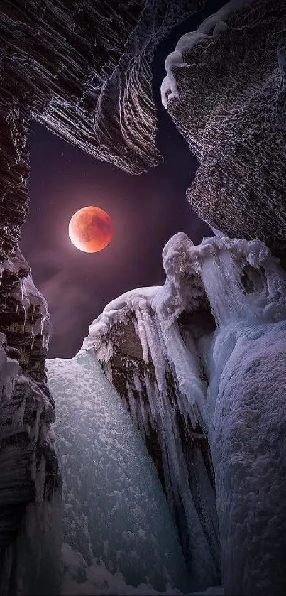 Blood moon over icy crevasse wallpaper showcasing dramatic night scenery.