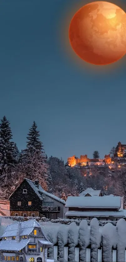 Blood moon over a winter village at night with snow-covered trees.