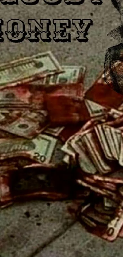 Dark grunge wallpaper with blood-stained money scattered on the ground.