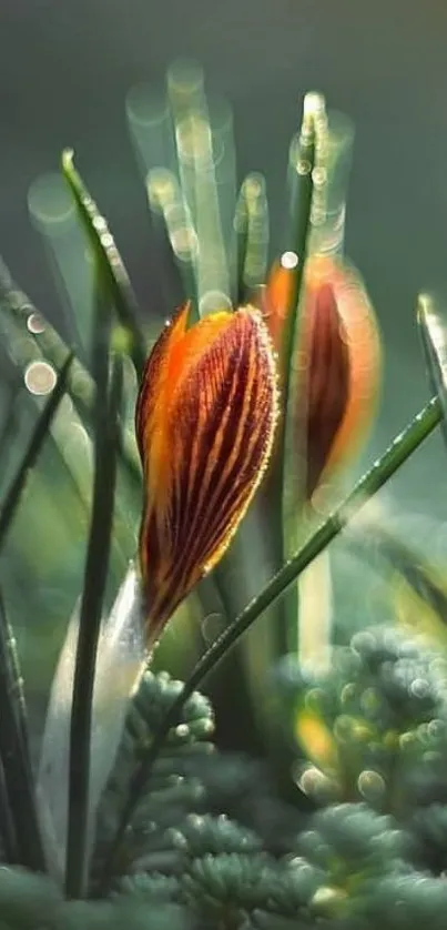 Close-up of a budding flower among dewy green leaves.