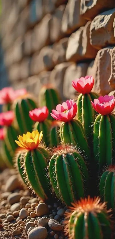 Cacti with colorful blooms against stone wall.