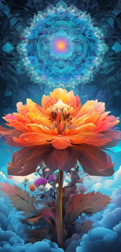 Fantasy art wallpaper with a blooming flower and celestial design.