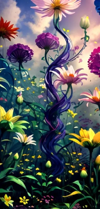 Colorful fantasy flower garden wallpaper with vibrant blooms.