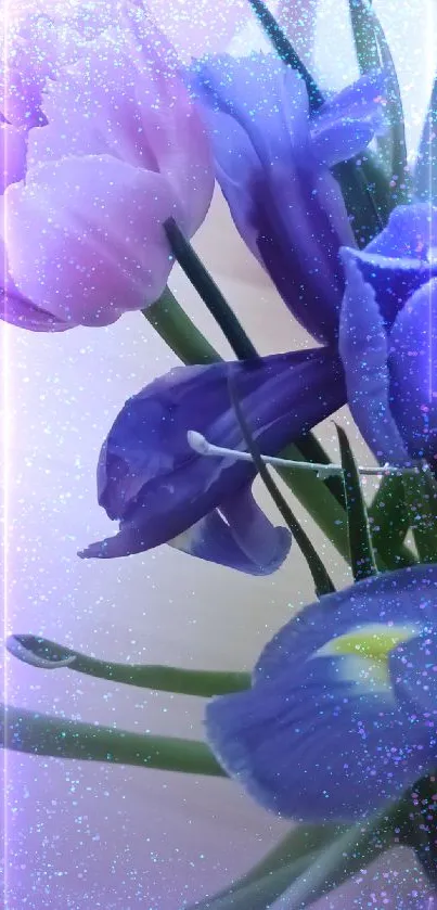 Vibrant pink tulips and purple irises on wooden background.