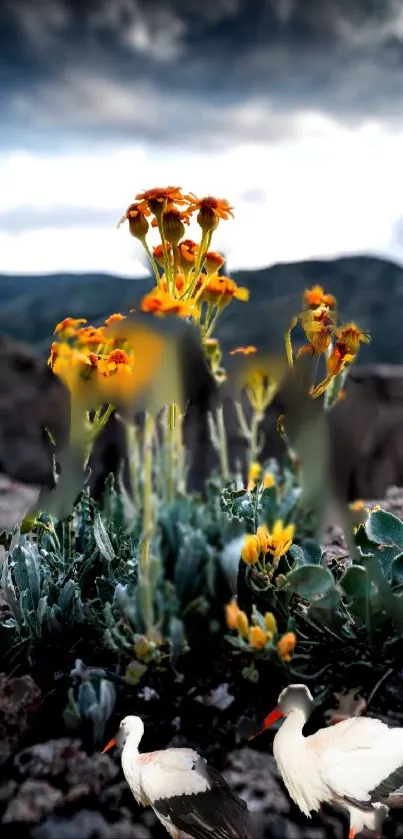 Vibrant yellow flowers and storks in a serene natural landscape.