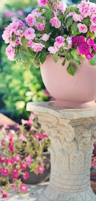 Vibrant garden vase filled with pink and purple flowers.