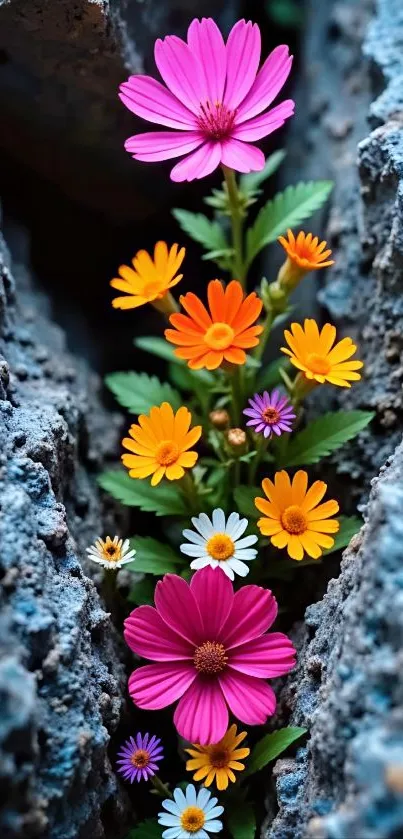 Colorful flowers growing between rocks.