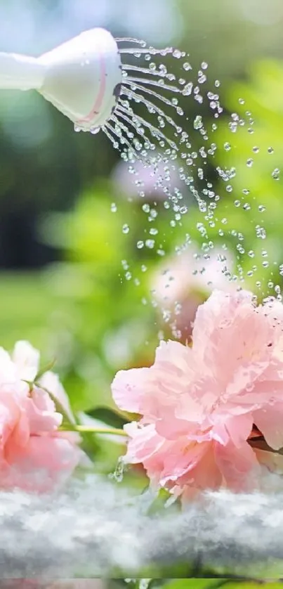 Pink flowers in a sunlit garden with water droplets.