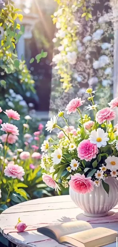 Blooming pink and white flowers in a sunlit garden setting.