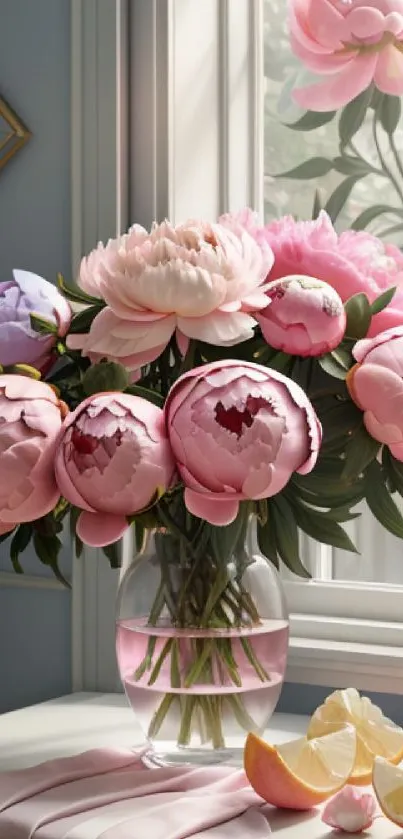 Pink peonies in a glass vase by a sunlit window.