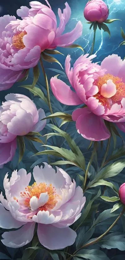 Pink peonies blooming under a starry night sky.