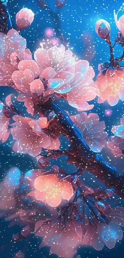 Pink cherry blossoms on a deep blue background wallpaper.