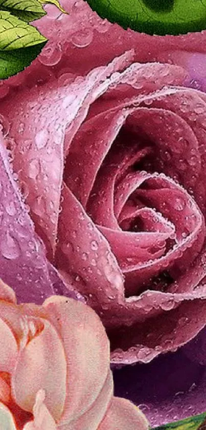 Close-up of a pink rose with water droplets and green leaves.