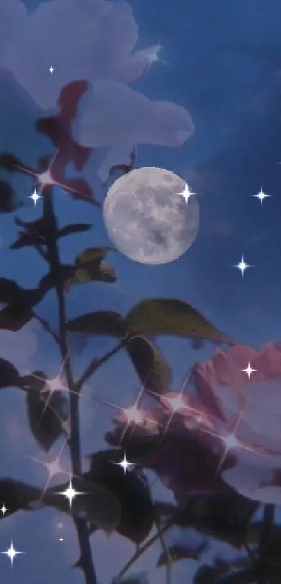 Moonlit flowers against a midnight blue sky, creating a dreamy and serene wallpaper.