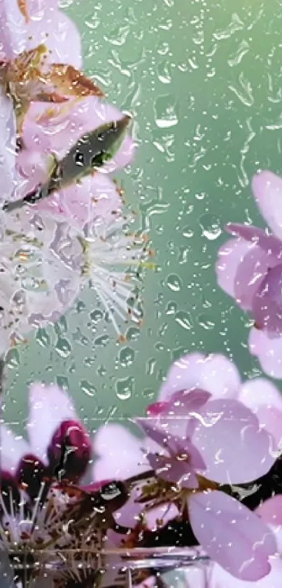 Pink cherry blossoms with raindrops on a green background.