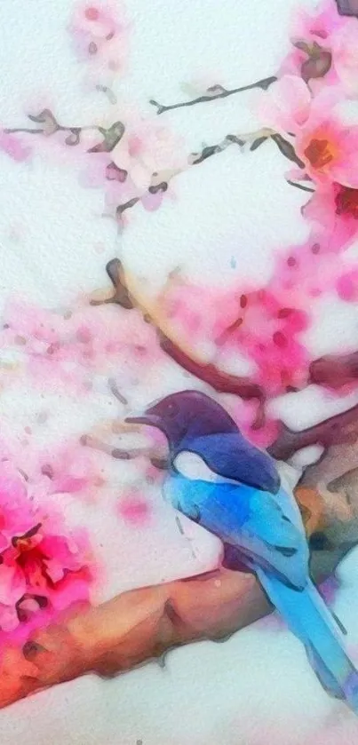 Bird on blossoming branches in watercolor art.