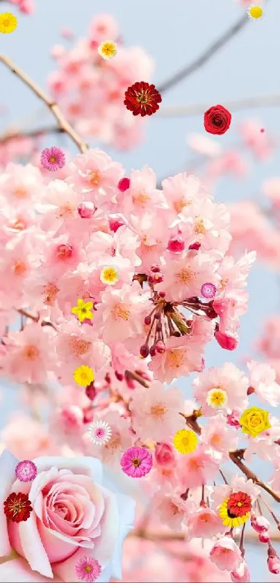 Mobile wallpaper featuring pink cherry blossoms against a serene blue sky.