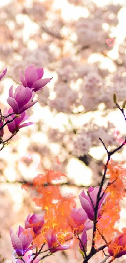 Blooming cherry blossoms and pink magnolias in spring.